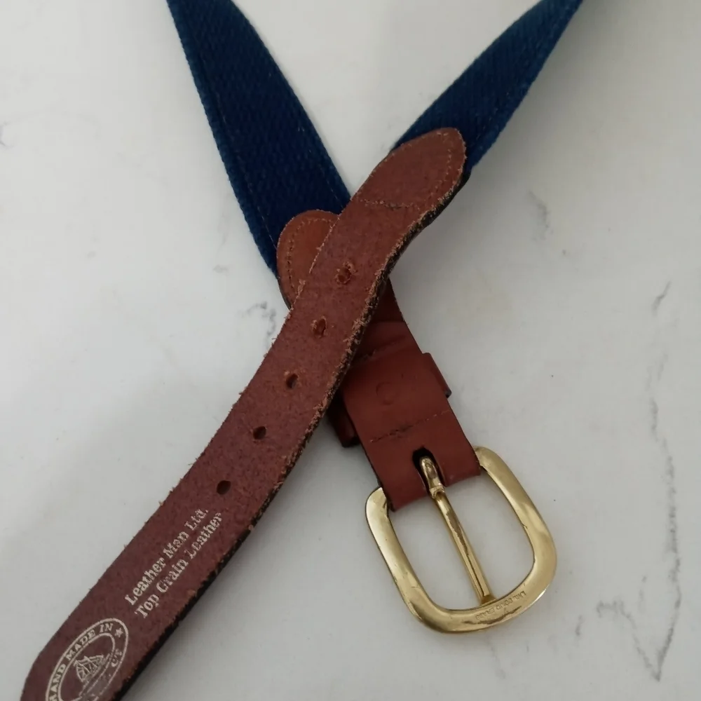 Leatherman Handmade Top Grain Brown leather Navy blue canvas Emb. Whale Belt 40
